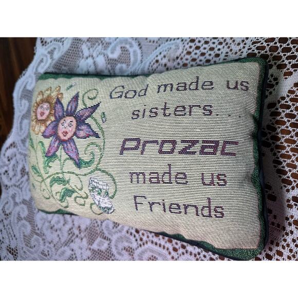 Vintage God Made Us Sisters Prozac Made Us Throw Pillow 90s Embroidery Gift - Picture 3 of 8
